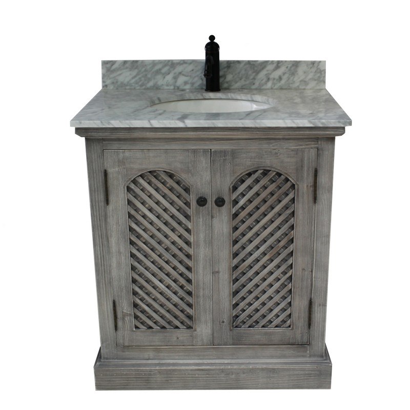 INFURNITURE WK8131-G+CW TOP 30 INCH RUSTIC SOLID FIR SINK VANITY IN GREY DRIFTWOOD WITH CARRARA WHITE MARBLE TOP