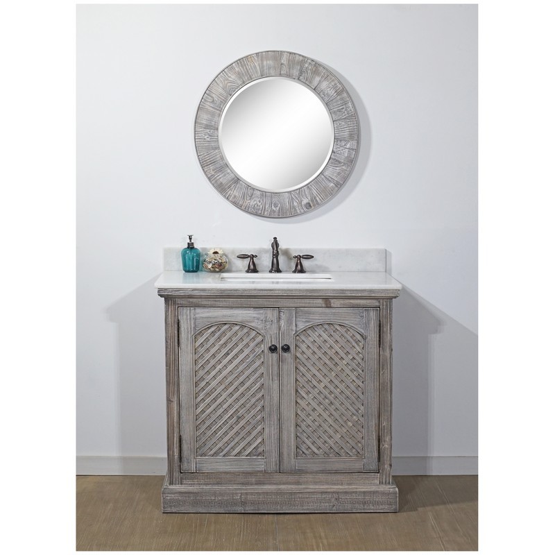 INFURNITURE WK8136-G+AP TOP 36 INCH RUSTIC SOLID FIR SINGLE SINK VANITY IN GREY DRIFTWOOD WITH ARCTIC PEARL QUARTZ MARBLE TOP