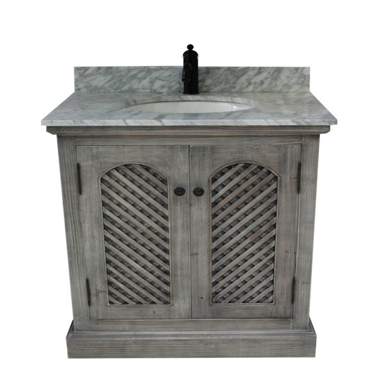 INFURNITURE WK8136-G+CW TOP 36 INCH RUSTIC SOLID FIR SINGLE SINK VANITY IN GREY DRIFTWOOD WITH CARRARA WHITE MARBLE TOP