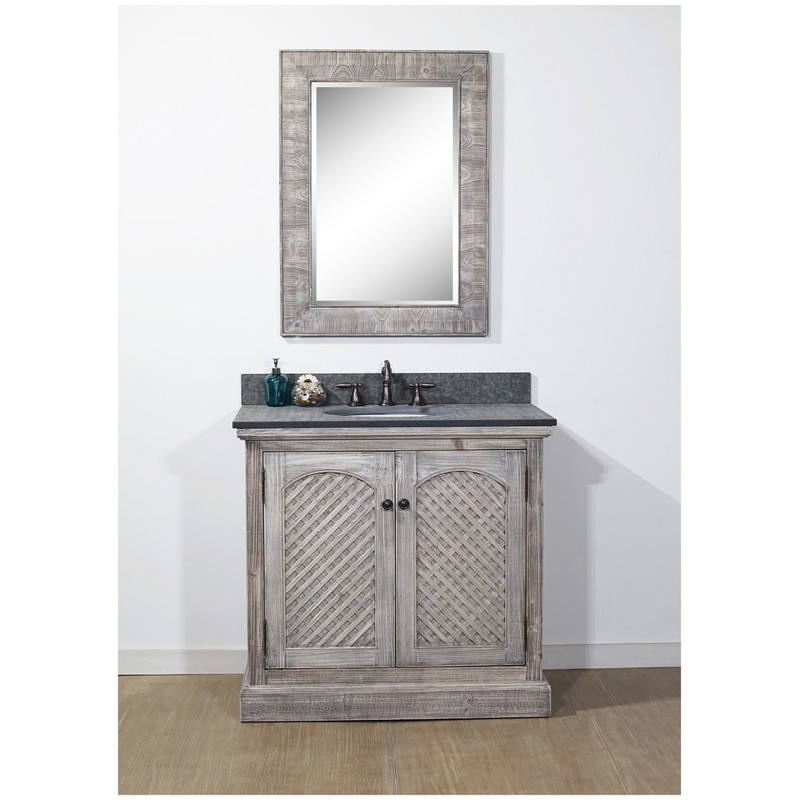 INFURNITURE WK8136-G+MG TOP 36 INCH RUSTIC SOLID FIR SINGLE SINK VANITY IN GREY DRIFTWOOD WITH POLISHED TEXTURED SURFACE GRANITE TOP