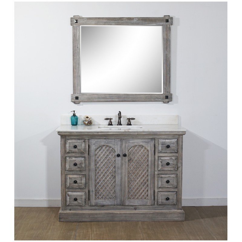 INFURNITURE WK8148-G+AP TOP 48 INCH RUSTIC SOLID FIR SINGLE SINK VANITY IN GREY DRIFTWOOD WITH ARCTIC PEARL QUARTZ MARBLE TOP
