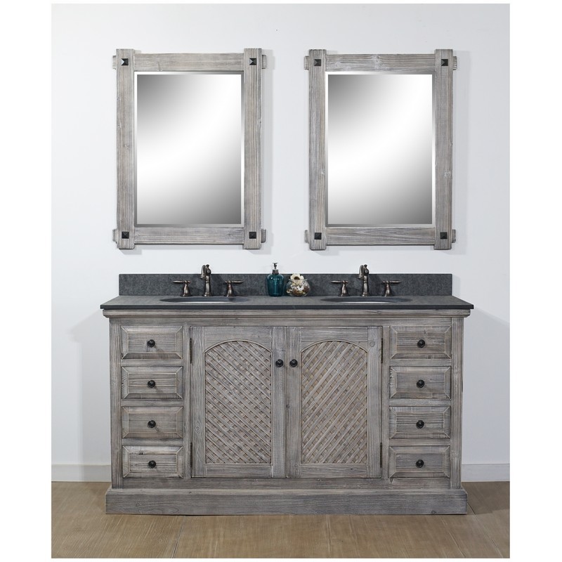 INFURNITURE WK8160-G+MG TOP 60 INCH RUSTIC SOLID FIR DOUBLE SINKS VANITY IN GREY DRIFTWOOD WITH POLISHED TEXTURED SURFACE GRANITE TOP