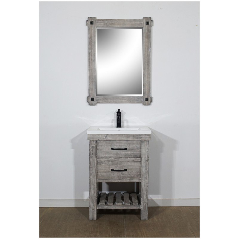 INFURNITURE WK8224-G 24 INCH RUSTIC SOLID FIR VANITY WITH CERAMIC SINGLE SINK IN GREY DRIFTWOOD
