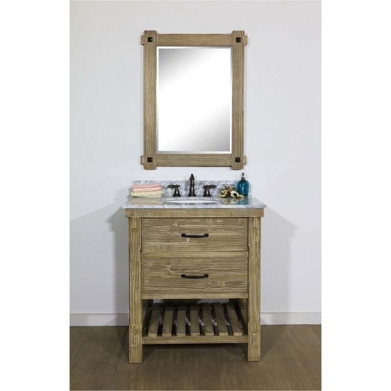 INFURNITURE WK8230+CW TOP 30 INCH RUSTIC SOLID FIR SINGLE SINK VANITY WITH CARRARA WHITE MARBLE TOP