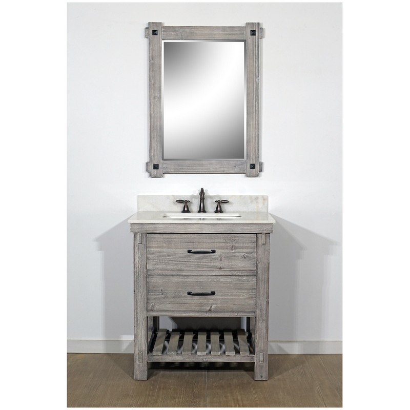 INFURNITURE WK8230-G+AP TOP 30 INCH RUSTIC SOLID FIR SINGLE SINK VANITY IN GREY DRIFTWOOD WITH ARCTIC PEARL QUARTZ MARBLE TOP