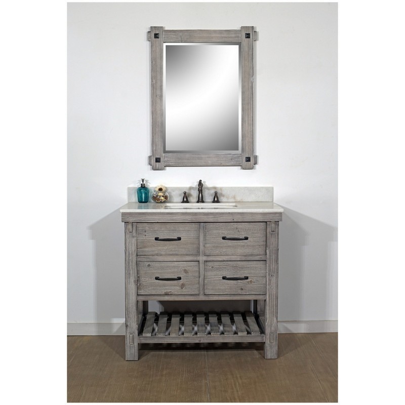 INFURNITURE WK8236-G+AP TOP 36 INCH RUSTIC SOLID FIR SINGLE SINK VANITY IN GREY DRIFTWOOD WITH ARCTIC PEARL QUARTZ MARBLE TOP