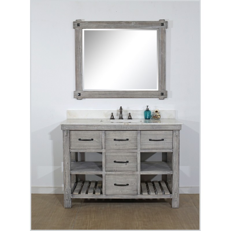 INFURNITURE WK8248-G+AP TOP 48 INCH RUSTIC SOLID FIR SINGLE SINK VANITY IN GREY DRIFTWOOD WITH ARCTIC PEARL QUARTZ MARBLE TOP
