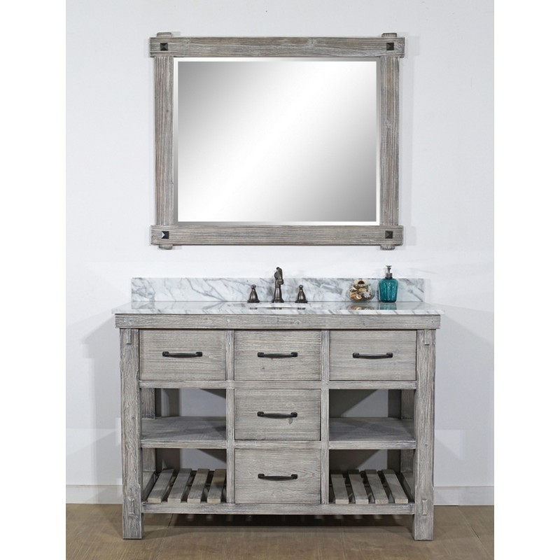 INFURNITURE WK8248-G+CW TOP 48 INCH RUSTIC SOLID FIR SINGLE SINK VANITY IN GREY DRIFTWOOD WITH CARRARA WHITE MARBLE TOP