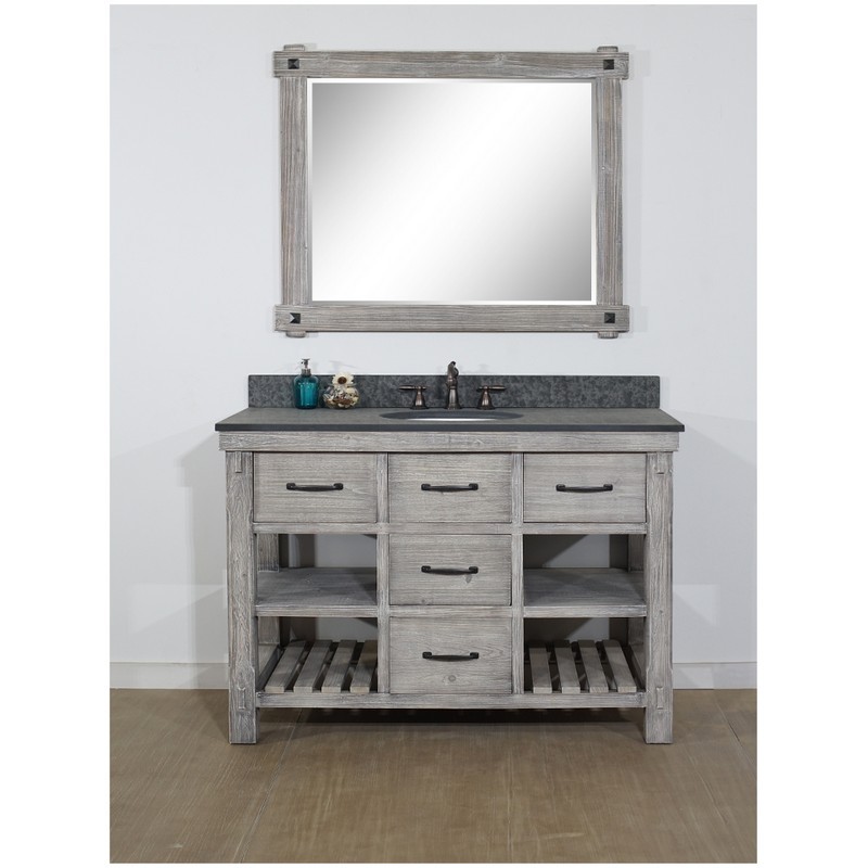 INFURNITURE WK8248-G+MG TOP 48 INCH RUSTIC SOLID FIR SINGLE SINK VANITY IN GREY DRIFTWOOD WITH POLISHED TEXTURED SURFACE GRANITE TOP