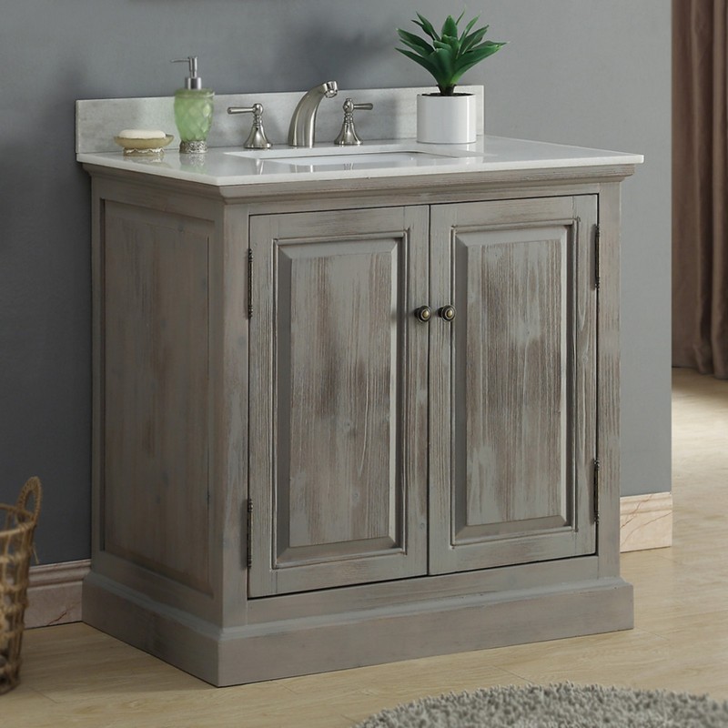 INFURNITURE WK8336+AP TOP 36 INCH SOLID RECYCLED FIR SINK VANITY IN GREY WITH ARCTIC PEARL QUARTZ MARBLE TOP
