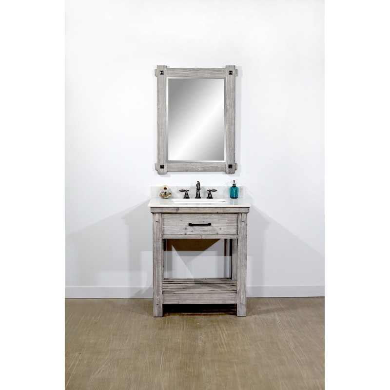 INFURNITURE WK8430-G+AP TOP 30 INCH RUSTIC SOLID FIR SINGLE SINK VANITY IN GREY DRIFTWOOD WITH ARCTIC PEARL QUARTZ MARBLE TOP