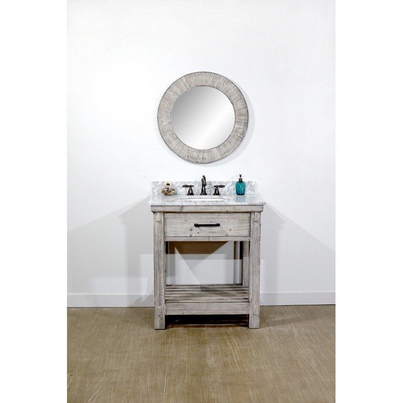 INFURNITURE WK8430-G+CW TOP 30 INCH RUSTIC SOLID FIR SINGLE SINK VANITY IN GREY DRIFTWOOD WITH CARRARA WHITE MARBLE TOP