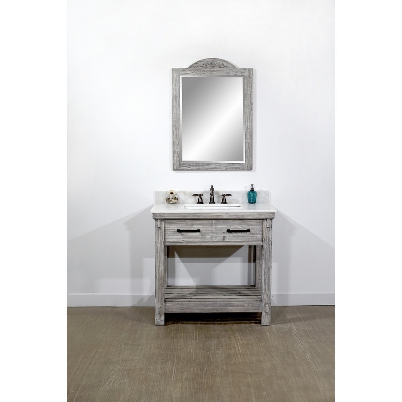 INFURNITURE WK8436-G+AP TOP 36 INCH RUSTIC SOLID FIR SINGLE SINK VANITY IN GREY DRIFTWOOD WITH ARCTIC PEARL QUARTZ MARBLE TOP