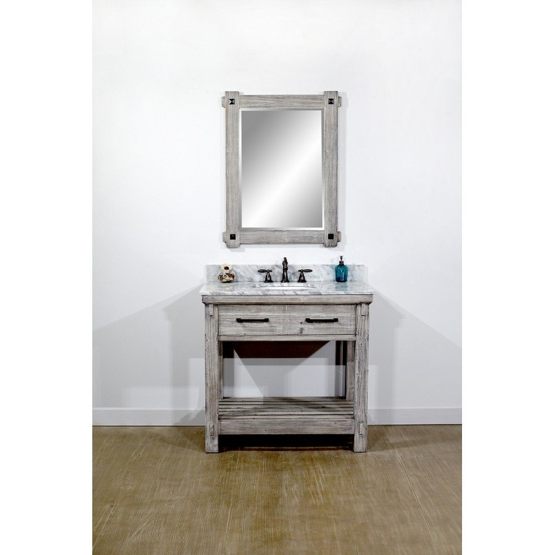 INFURNITURE WK8436-G+CW TOP 36 INCH RUSTIC SOLID FIR SINGLE SINK VANITY IN GREY DRIFTWOOD WITH CARRARA WHITE MARBLE TOP