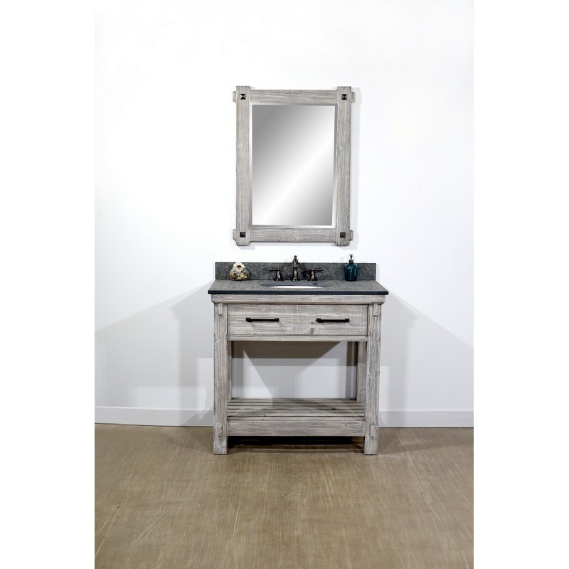 INFURNITURE WK8436-G+MG TOP 36 INCH RUSTIC SOLID FIR SINGLE SINK VANITY IN GREY DRIFTWOOD WITH POLISHED TEXTURED SURFACE GRANITE TOP