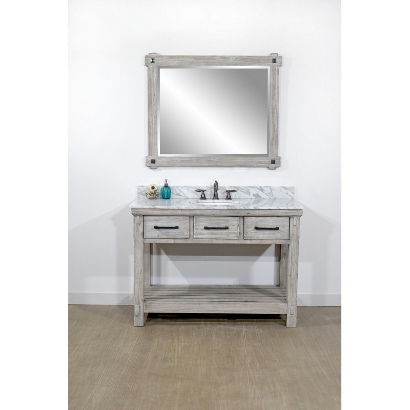 INFURNITURE WK8448-G+CW TOP 48 INCH RUSTIC SOLID FIR SINGLE SINK VANITY IN GREY DRIFTWOOD WITH CARRARA WHITE MARBLE TOP