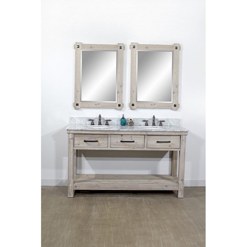 INFURNITURE WK8460+CW TOP 60 INCH RUSTIC SOLID FIR DOUBLE SINK VANITY WITH CARRARA WHITE MARBLE TOP