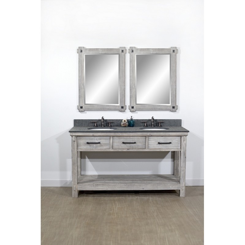 INFURNITURE WK8460-G+MG TOP 60 INCH RUSTIC SOLID FIR DOUBLE SINK VANITY IN GREY DRIFTWOOD WITH POLISHED TEXTURED SURFACE GRANITE TOP