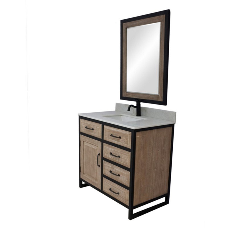 INFURNITURE WK8836+AP TOP 36 INCHRUSTIC SOLID FIR SINGLE SINK IRON FRAME VANITY WITH ARCTIC PEARL QUARTZ TOP