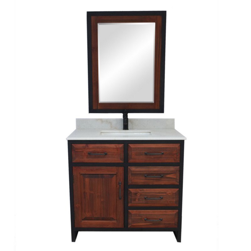 INFURNITURE WK8836-BR+AP TOP 36 INCHRUSTIC SOLID FIR SINGLE SINK IRON FRAME VANITY IN BROWN WITH ARCTIC PEARL QUARTZ TOP