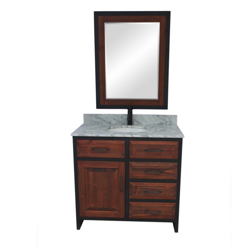 INFURNITURE WK8836-BR+CW TOP 36 INCHRUSTIC SOLID FIR SINGLE SINK IRON FRAME VANITY IN BROWN WITH CARRARA WHITE MARBLE TOP