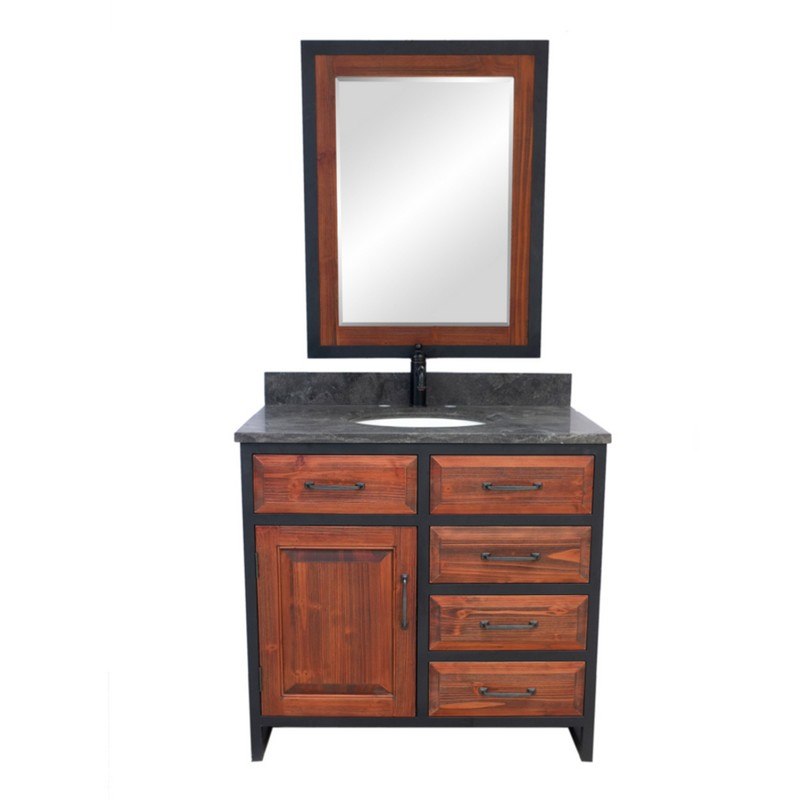 INFURNITURE WK8836-BR+WK TOP 36 INCHRUSTIC SOLID FIR SINGLE SINK IRON FRAME VANITY IN BROWN WITH LIMESTONE TOP