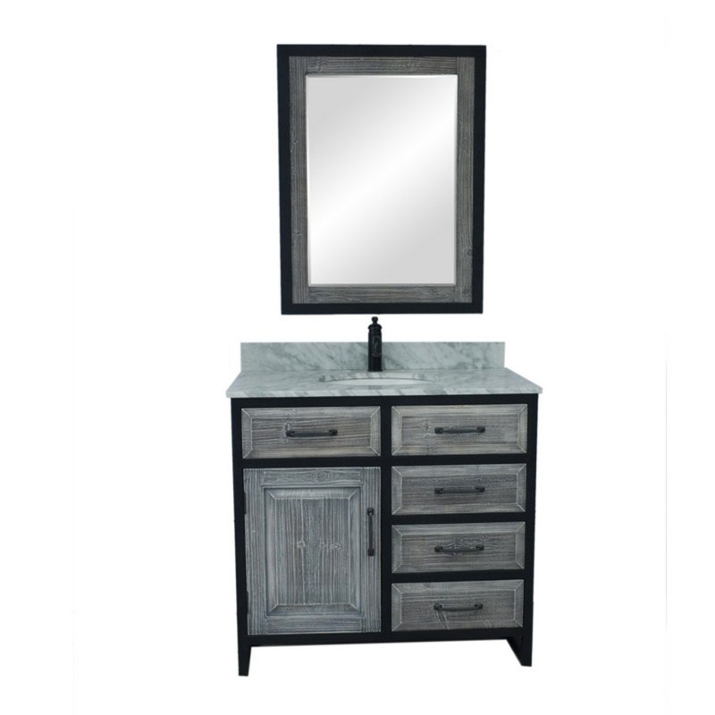 INFURNITURE WK8836-G+CW TOP 36 INCHRUSTIC SOLID FIR SINGLE SINK IRON FRAME VANITY IN GREY WITH CARRARA WHITE MARBLE TOP
