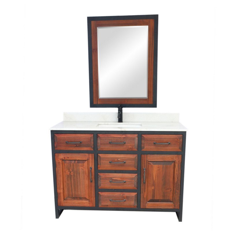 INFURNITURE WK8848-BR+AP TOP 48 INCHRUSTIC SOLID FIR SINGLE SINK IRON FRAME VANITY IN BROWN WITH ARCTIC PEARL QUARTZ TOP