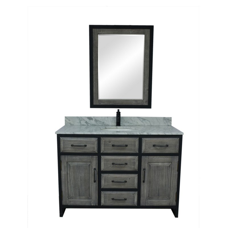 INFURNITURE WK8848-G+CW TOP 48 INCHRUSTIC SOLID FIR SINGLE SINK IRON FRAME VANITY IN GREY WITH CARRARA WHITE MARBLE TOP