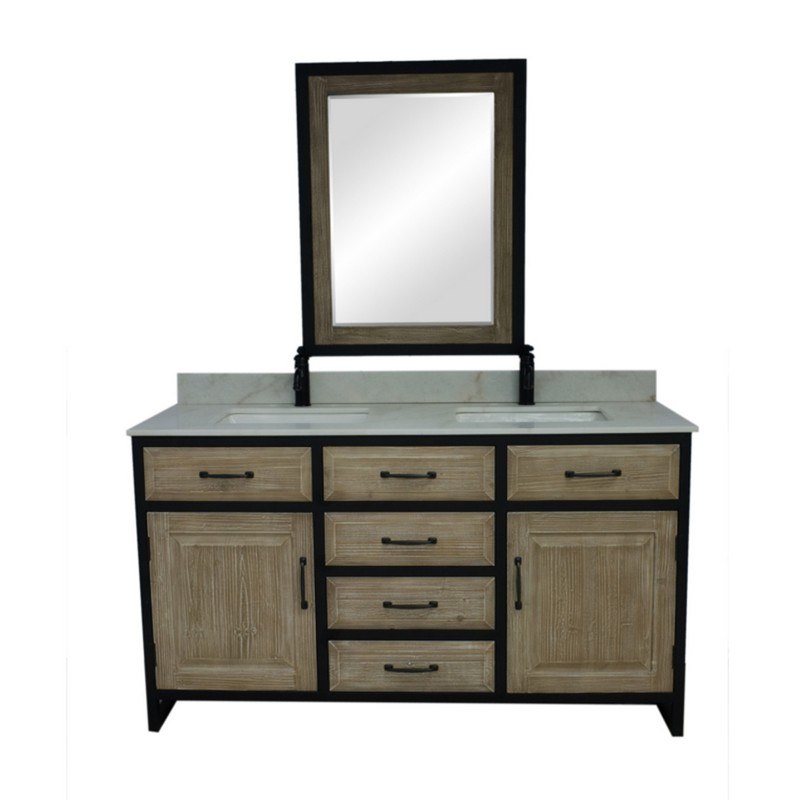INFURNITURE WK8860+AP TOP 60 INCHRUSTIC SOLID FIR DOUBLE SINK IRON FRAME VANITY WITH ARCTIC PEARL QUARTZ TOP