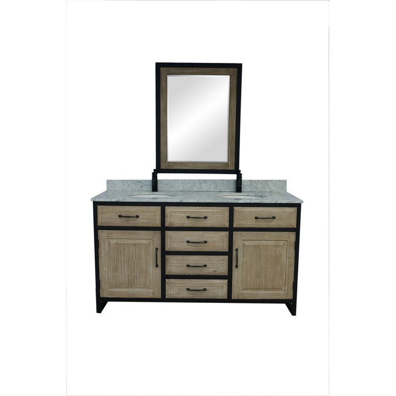 INFURNITURE WK8860+CW TOP 60 INCHRUSTIC SOLID FIR DOUBLE IRON FRAME VANITY WITH CARRARA WHITE MARBLE TOP