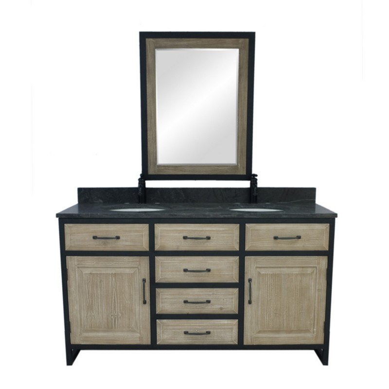 INFURNITURE WK8860+WK TOP 60 INCHRUSTIC SOLID FIR DOUBLE SINK IRON FRAME VANITY WITH LIMESTONE TOP