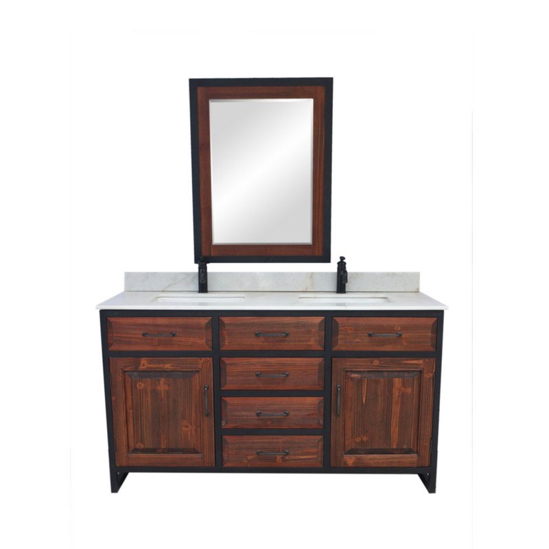 INFURNITURE WK8860-BR+AP TOP 60 INCHRUSTIC SOLID FIR DOUBLE SINK IRON FRAME VANITY IN BROWN WITH ARCTIC PEARL QUARTZ TOP