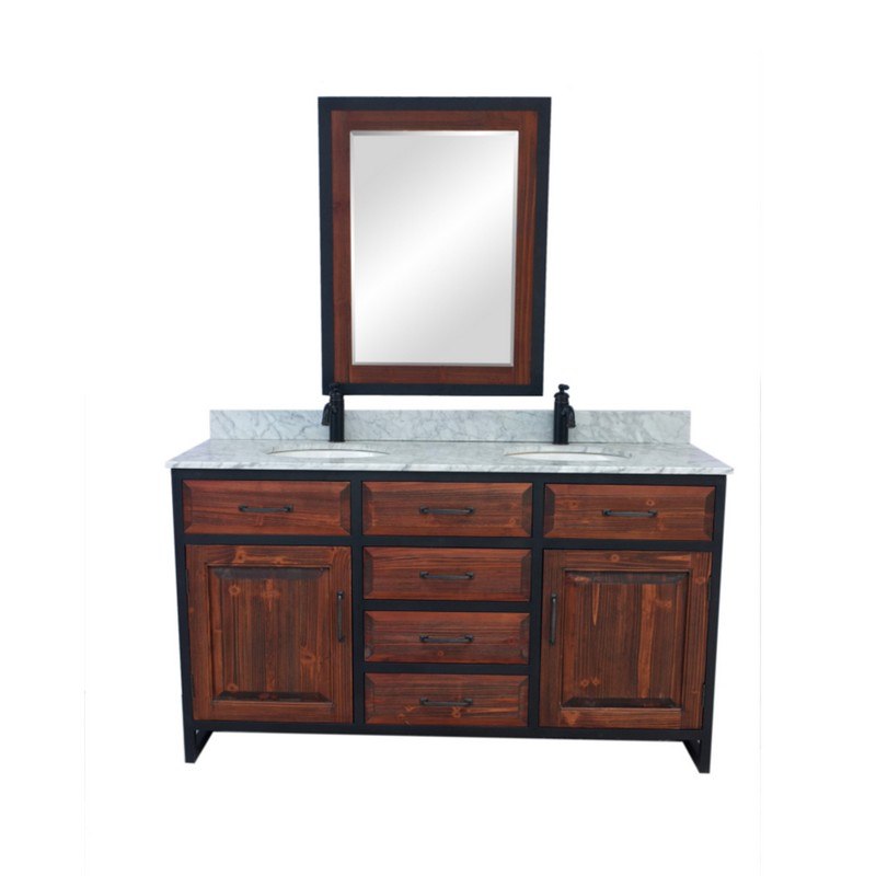 INFURNITURE WK8860-BR+CW TOP 60 INCHRUSTIC SOLID FIR DOUBLE SINK IRON FRAME VANITY IN BROWN WITH CARRARA WHITE MARBLE TOP