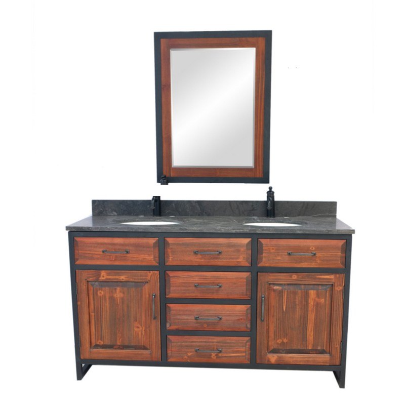 INFURNITURE WK8860-BR+WK TOP 60 INCHRUSTIC SOLID FIR DOUBLE SINK IRON FRAME VANITY IN BROWN WITH LIMESTONE TOP