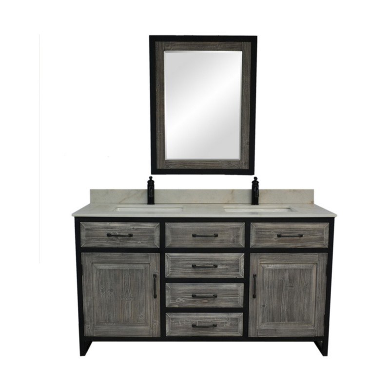 INFURNITURE WK8860-G+AP TOP 60 INCHRUSTIC SOLID FIR DOUBLE SINK IRON FRAME VANITY IN GREY WITH ARCTIC PEARL QUARTZ TOP