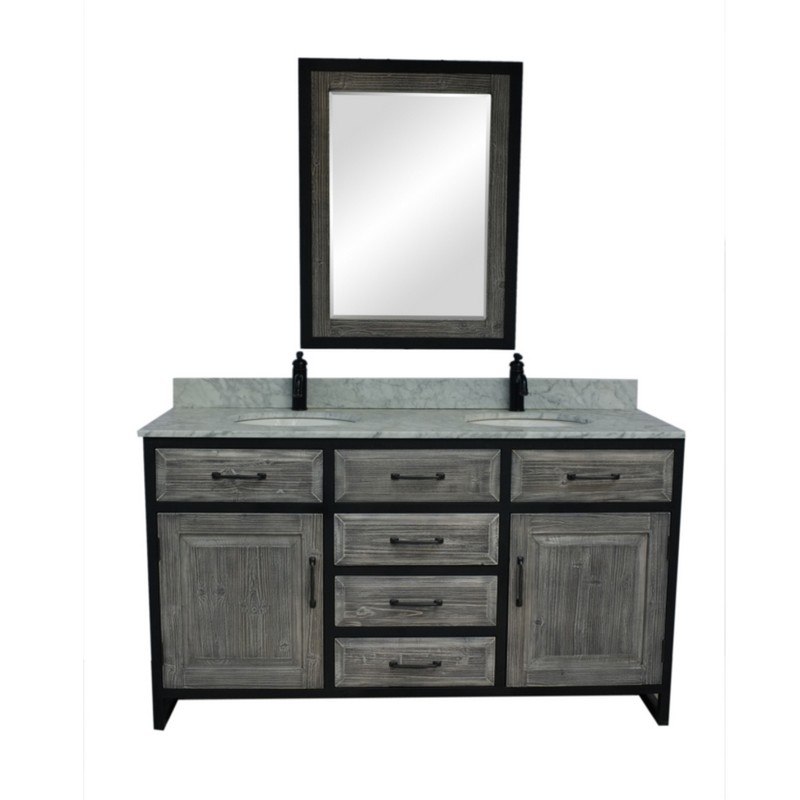 INFURNITURE WK8860-G+CW TOP 60 INCHRUSTIC SOLID FIR DOUBLE SINK IRON FRAME VANITY IN GREY WITH CARRARA WHITE MARBLE TOP