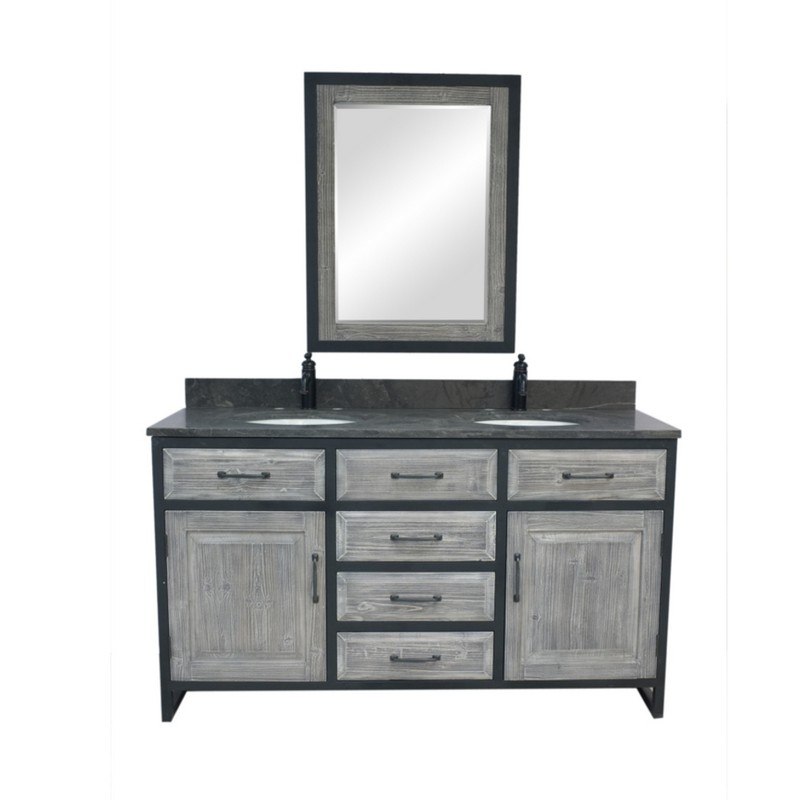 INFURNITURE WK8860-G+WK TOP 60 INCHRUSTIC SOLID FIR DOUBLE SINK IRON FRAME VANITY IN GREY WITH LIMESTONE TOP
