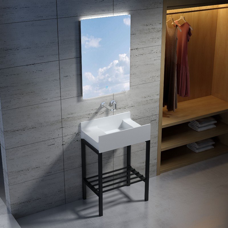 INFURNITURE WS-SF-M1+F-M 27 INCH POLYSTONE SQUARE SINK IN MATTE WHITE WITH STAINLESS STEEL FREESTANDING FRAME