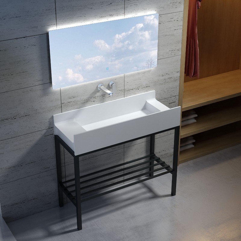 INFURNITURE WS-SF-M3+F-G 39 INCH POLYSTONE RECTANGULAR SINK IN GLOSSY WHITE WITH STAINLESS STEEL FREESTANDING FRAME