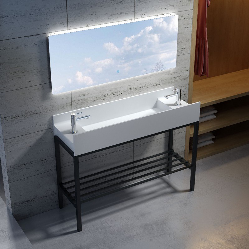 INFURNITURE WS-SF-M4+F-G 47 INCH POLYSTONE RECTANGULAR SINK IN GLOSSY WHITE WITH STAINLESS STEEL FREESTANDING FRAME