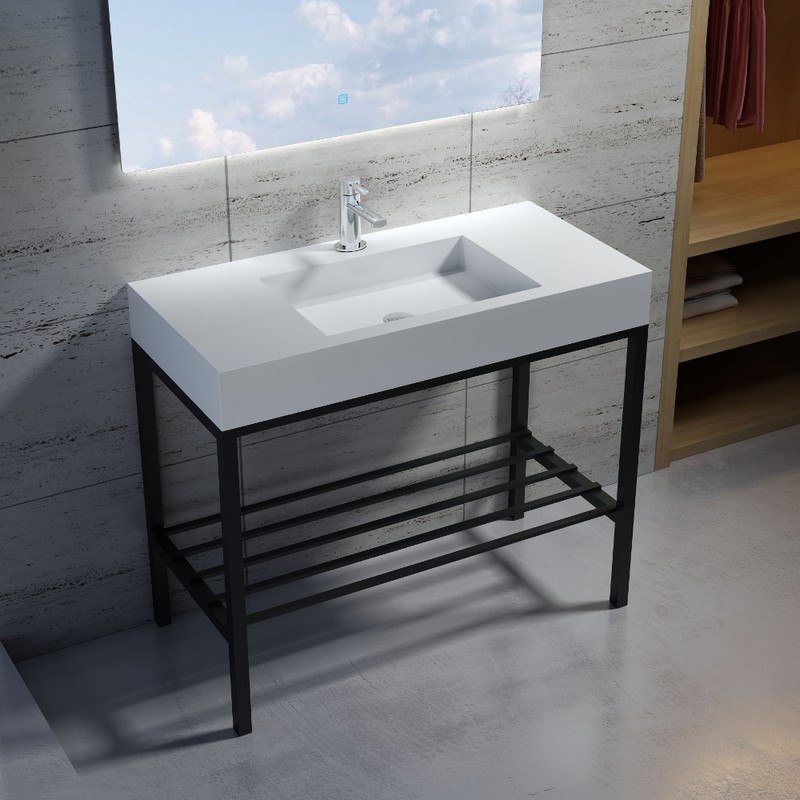 INFURNITURE WS-SF-M7+F-M 39 INCH POLYSTONE RECTANGULAR SINK IN MATTE WHITE WITH STAINLESS STEEL FREESTANDING FRAME