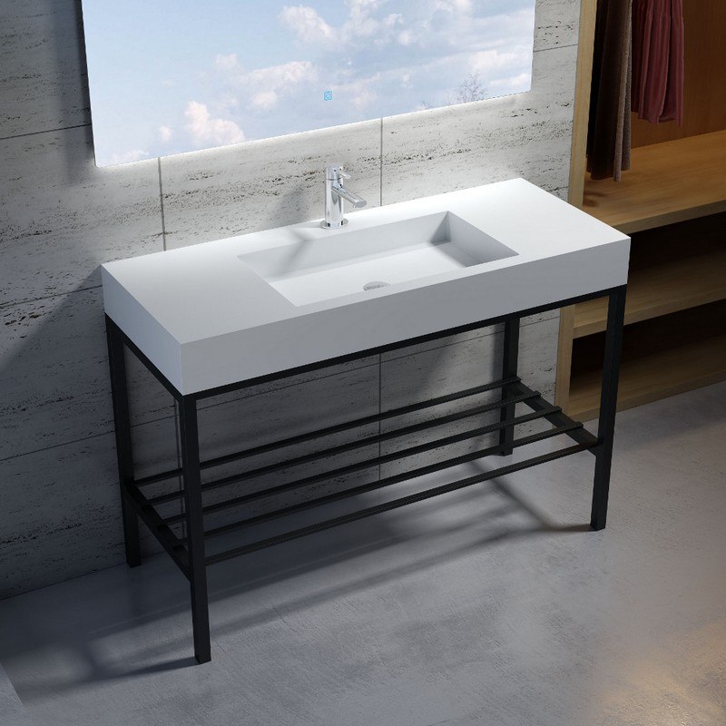 INFURNITURE WS-SF-M8+F-G 47 INCH POLYSTONE RECTANGULAR SINK IN GLOSSY WHITE WITH STAINLESS STEEL FREESTANDING FRAME