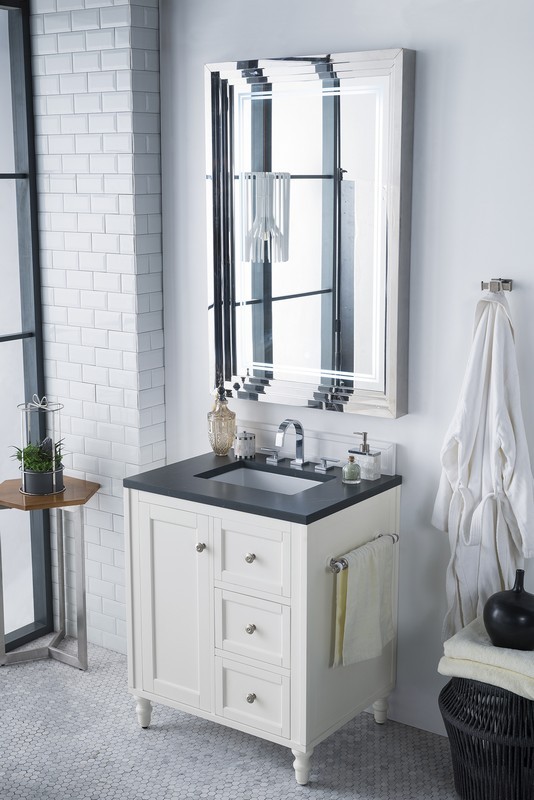 JAMES MARTIN 301-V30-BW-3CSP COPPER COVE ENCORE 30 INCH SINGLE VANITY IN BRIGHT WHITE WITH 3 CM CHARCOAL SOAPSTONE QUARTZ TOP WITH SINK