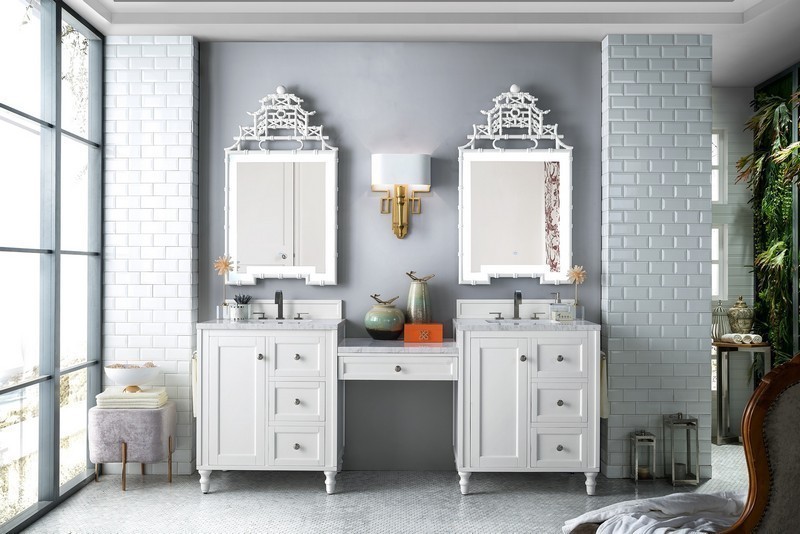 JAMES MARTIN 301-V86-BW-DU-3AF COPPER COVE ENCORE 90 INCH DOUBLE VANITY SET IN BRIGHT WHITE WITH MAKEUP TABLE WITH 3 CM ARCTIC FALL SOLID SURFACE TOP