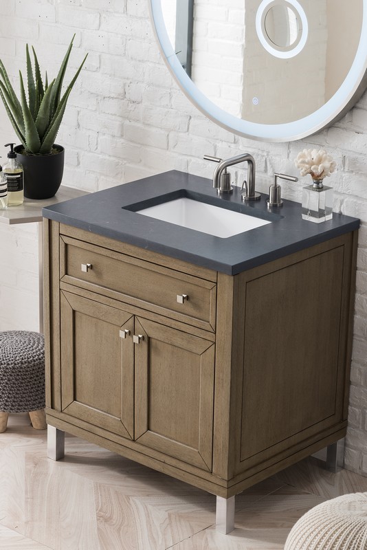 JAMES MARTIN 305-V30-WWW-3CSP CHICAGO 30 INCH SINGLE VANITY IN WHITEWASHED WALNUT WITH 3 CM CHARCOAL SOAPSTONE QUARTZ TOP WITH SINK