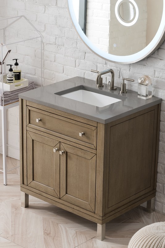 JAMES MARTIN 305-V30-WWW-3GEX CHICAGO 30 INCH SINGLE VANITY IN WHITEWASHED WALNUT WITH 3 CM GREY EXPO QUARTZ TOP WITH SINK