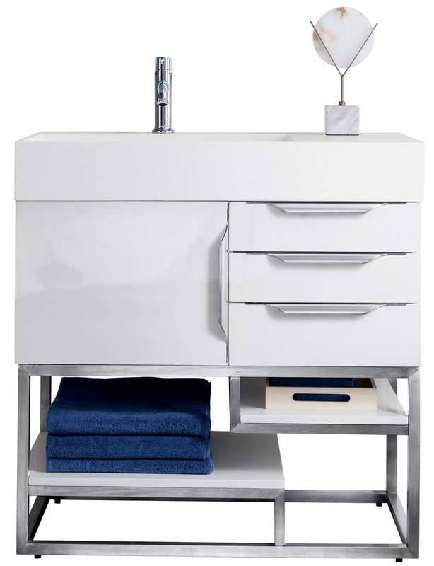 JAMES MARTIN 388-V36-GW-BN-GW COLUMBIA 36 INCH SINGLE VANITY IN GLOSSY WHITE WITH GLOSSY WHITE SOLID SURFACE TOP