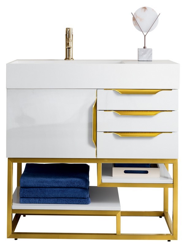 JAMES MARTIN 388-V36-GW-RG-GW COLUMBIA 36 INCH SINGLE VANITY IN GLOSSY WHITE, RADIANT GOLD WITH GLOSSY WHITE SOLID SURFACE TOP