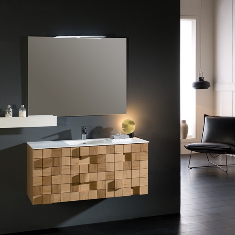 EVIVA EVVN112-33OAK MOSAIC 33 INCH WALL MOUNTED BATHROOM VANITY IN OAK WITH WHITE INTEGRATED SOLID SURFACE COUNTERTOP